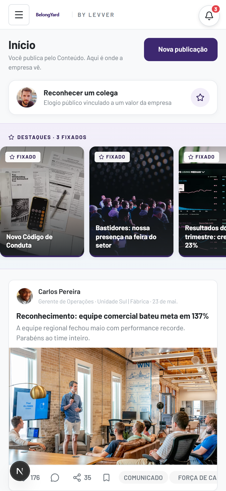BelongYard on mobile, internal communication feed