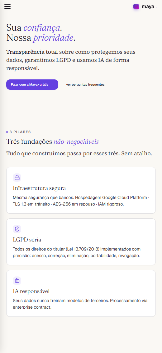 Maya en el móvil, confianza, LGPD y datos protegidos